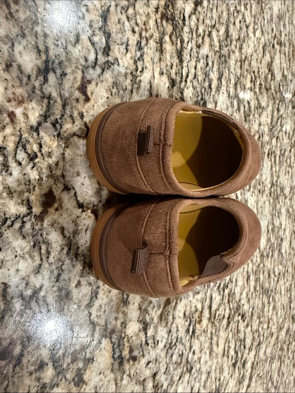 Size 12T Livie & Luca Brown Suede-Look Slip-On Sneakers with Yellow Insole EEUC